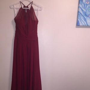 wine color chiffon high-neck dress with keyhole